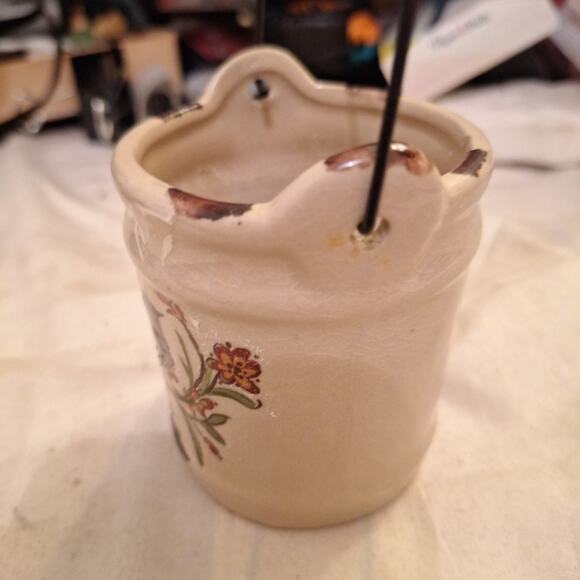 3in Ceramic Bucket with Metal Handle Planter Bird And Flowers - Picture 2 of 6